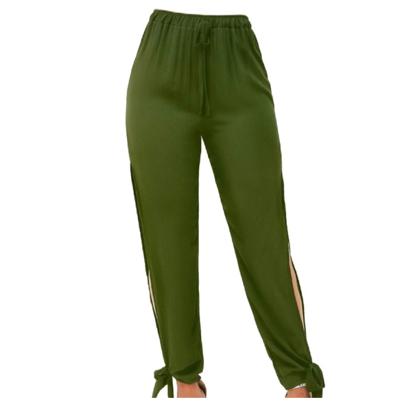 Army Green Side Slit Drawstring Waist Pants, Size Large - Picture 2 of 3